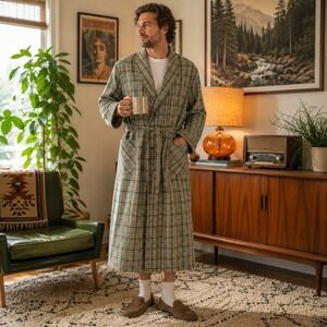 Vintage 70s JCPenney Plaid Robe Housecoat Belted Green Orange Retro Mens L 42-44